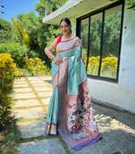 Sky Blue Paithani style contrust border & Pallu Silk Bland saree with Blouse