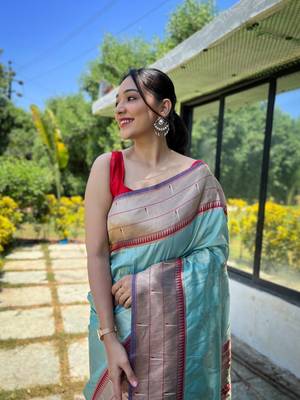 Sky Blue Paithani style contrust border & Pallu Silk Bland saree with Blouse 2