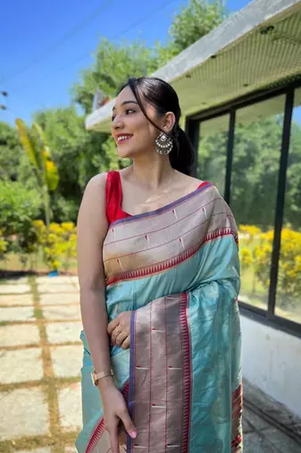 Sky Blue Paithani style contrust border & Pallu Silk Bland saree with Blouse