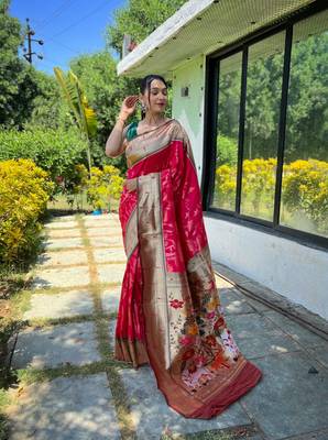 Pink Paithani style contrust border & Pallu Silk Bland saree with Blouse 1