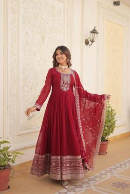 Maroon designer sequins embroidered work stylish gown with dupatta set 3