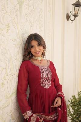 Maroon designer sequins embroidered work stylish gown with dupatta set 4