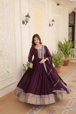 Wine designer sequins embroidered work stylish gown with dupatta set 1
