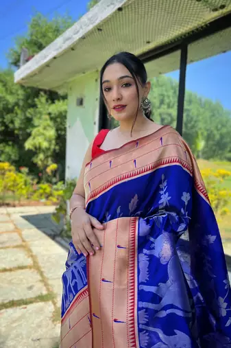 violet Paithani style contrust border & Pallu Silk Bland saree with Blouse