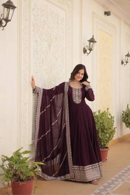 Wine designer sequins embroidered work stylish gown with dupatta set 2