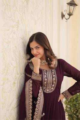 Wine designer sequins embroidered work stylish gown with dupatta set 3