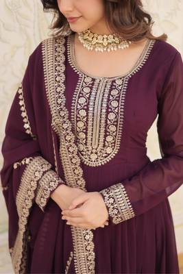 Wine designer sequins embroidered work stylish gown with dupatta set 4
