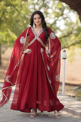 Women stylish embroidery sequins work maroon alia cut 1