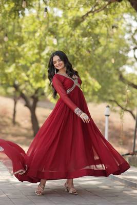 Women stylish embroidery sequins work maroon alia cut 2