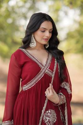 Women stylish embroidery sequins work maroon alia cut 3