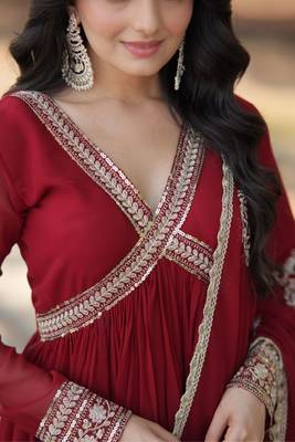 Women stylish embroidery sequins work maroon alia cut 4