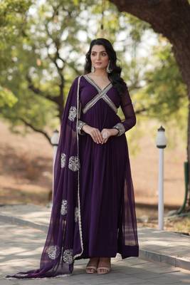 Women stylish embroidery sequins work purple alia cut 1