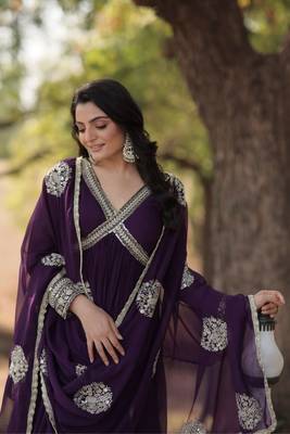 Women stylish embroidery sequins work purple alia cut 3