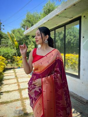 wine Paithani style contrust border & Pallu Silk Bland saree with Blouse 2