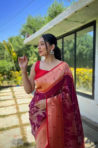 wine Paithani style contrust border & Pallu Silk Bland saree with Blouse