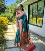 Teal Paithani style contrust border & Pallu Silk Bland saree with Blouse