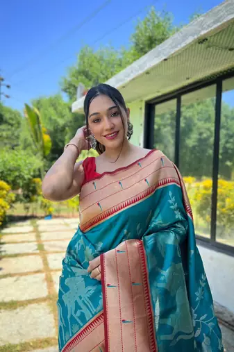 Teal Paithani style contrust border & Pallu Silk Bland saree with Blouse