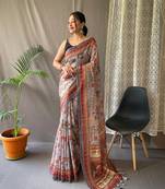 Grey Cotton Blend Kalamkari Printed Saree Rich Pallu Saree With Blouse