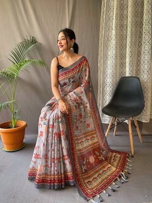 Grey Cotton Blend Kalamkari Printed Saree Rich Pallu Saree With Blouse 2