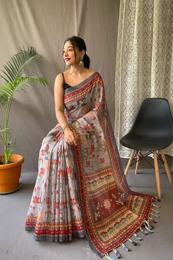 Grey Cotton Blend Kalamkari Printed Saree Rich Pallu Saree With Blouse