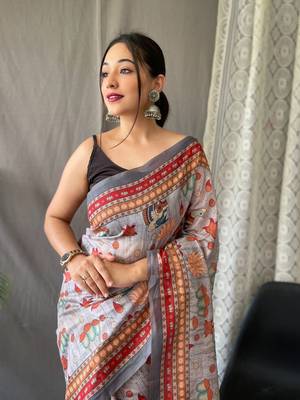 Grey Cotton Blend Kalamkari Printed Saree Rich Pallu Saree With Blouse 3