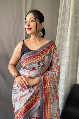 Grey Cotton Blend Kalamkari Printed Saree Rich Pallu Saree With Blouse