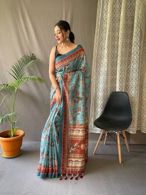 Teal Cotton Blend Kalamkari Printed Saree Rich Pallu Saree With Blouse 1