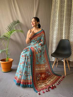 Teal Cotton Blend Kalamkari Printed Saree Rich Pallu Saree With Blouse 2
