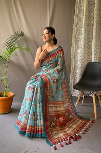 Teal Cotton Blend Kalamkari Printed Saree Rich Pallu Saree With Blouse
