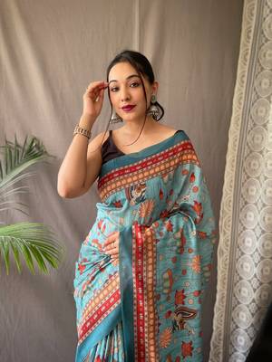 Teal Cotton Blend Kalamkari Printed Saree Rich Pallu Saree With Blouse 3