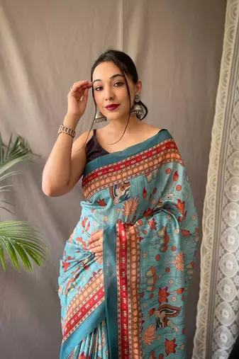 Teal Cotton Blend Kalamkari Printed Saree Rich Pallu Saree With Blouse