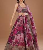 Dusty Rose Organza Floral Lehenga Choli Set