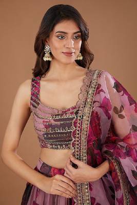 Dusty Rose Organza Floral Lehenga Choli Set 2