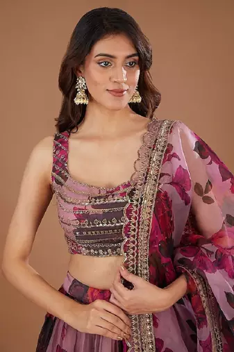 Dusty Rose Organza Floral Lehenga Choli Set
