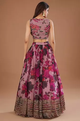 Dusty Rose Organza Floral Lehenga Choli Set