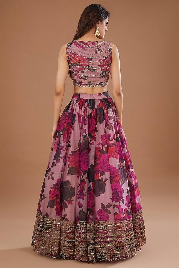 Dusty Rose Organza Floral Lehenga Choli Set