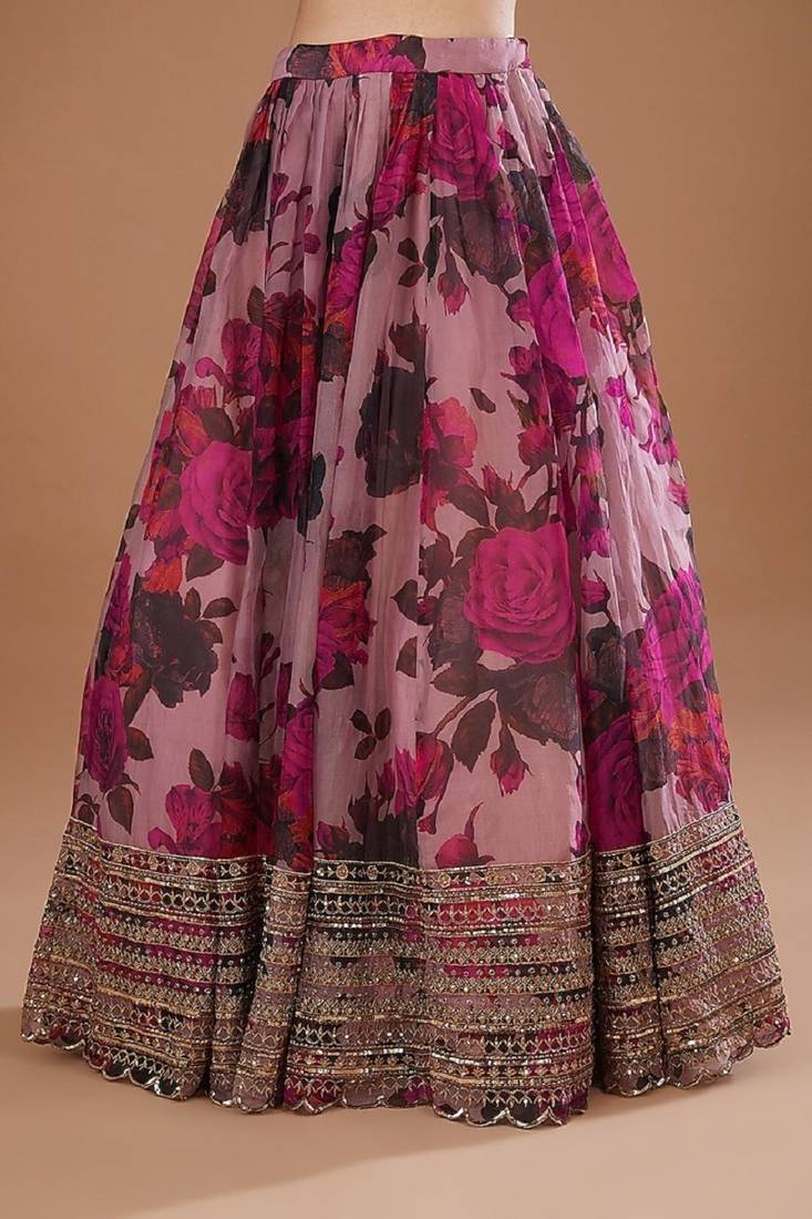 Dusty Rose Organza Floral Lehenga Choli Set