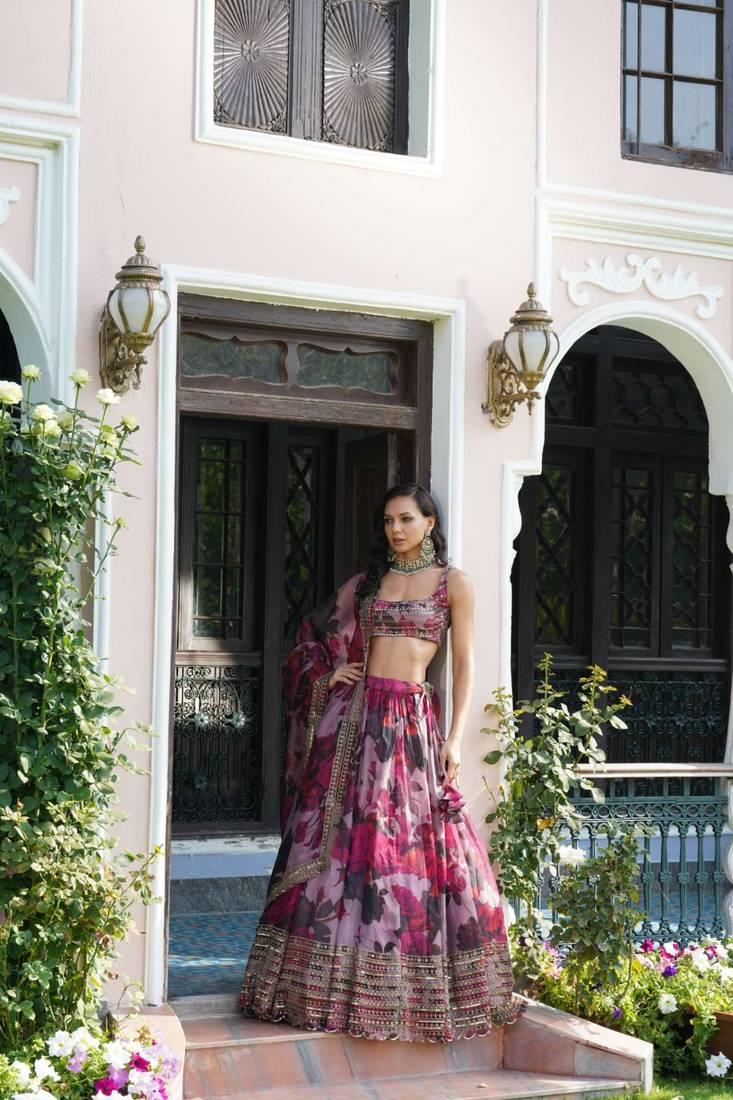 Dusty Rose Organza Floral Lehenga Choli Set