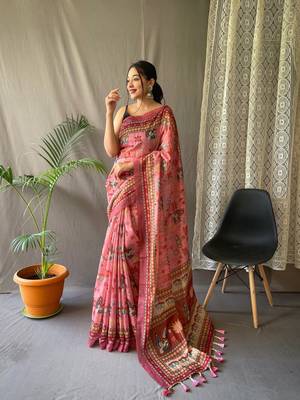 Pink Cotton Blend Kalamkari Printed Saree Rich Pallu Saree With Blouse 1