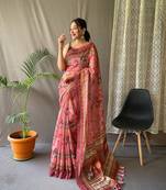 Pink Cotton Blend Kalamkari Printed Saree Rich Pallu Saree With Blouse