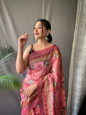 Pink Cotton Blend Kalamkari Printed Saree Rich Pallu Saree With Blouse 2