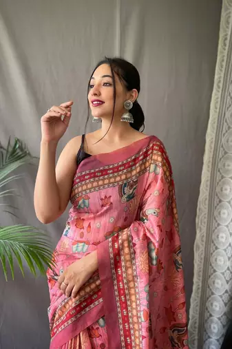Pink Cotton Blend Kalamkari Printed Saree Rich Pallu Saree With Blouse
