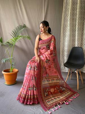 Pink Cotton Blend Kalamkari Printed Saree Rich Pallu Saree With Blouse 3
