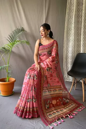 Pink Cotton Blend Kalamkari Printed Saree Rich Pallu Saree With Blouse
