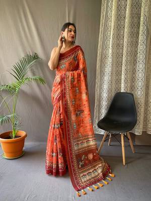 Orange Cotton Blend Kalamkari Printed Saree Rich Pallu Saree With Blouse 1