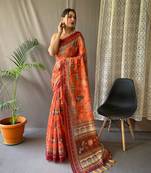 Orange Cotton Blend Kalamkari Printed Saree Rich Pallu Saree With Blouse