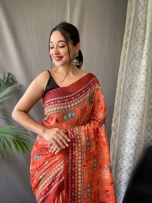 Orange Cotton Blend Kalamkari Printed Saree Rich Pallu Saree With Blouse 2