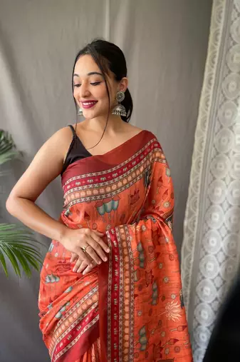 Orange Cotton Blend Kalamkari Printed Saree Rich Pallu Saree With Blouse