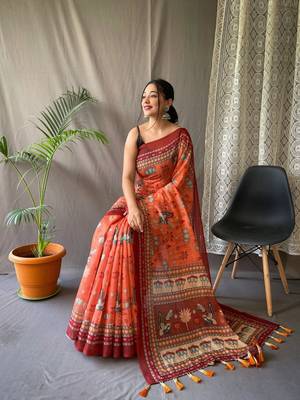Orange Cotton Blend Kalamkari Printed Saree Rich Pallu Saree With Blouse 3