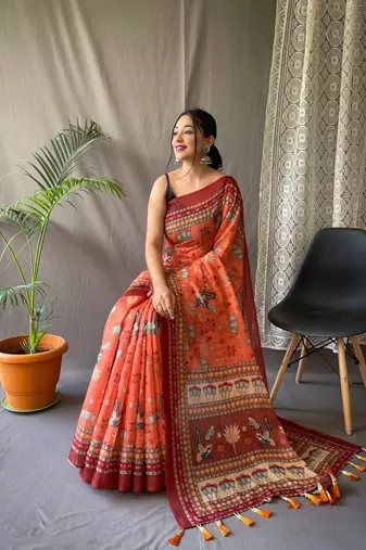 Orange Cotton Blend Kalamkari Printed Saree Rich Pallu Saree With Blouse